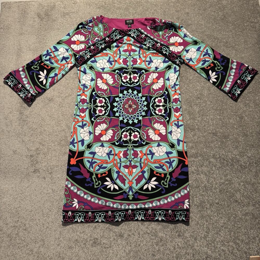 Nicole Boho Floral Print Dress Tunic Multi-Colors 3/4 Sleeves L Nicole Miller